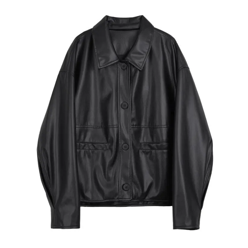 Advbridge 90s streetwear New Maillard Style Black Leather Coat for Women New American Retro Imitation Loose Short Jacket Jacket