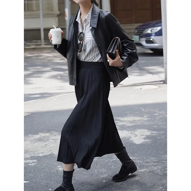 Advbridge 90s streetwear New Maillard Style Black Leather Coat for Women New American Retro Imitation Loose Short Jacket Jacket
