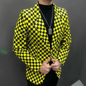 Aidase Black Yellow Color Contrast Grid Streetwear Hip Hop Singer Dancer Coat Stage Costumes Men Single Button Slim Suit Blazer Jacket