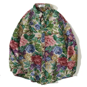 Aidase  Shirt Men Vintage Watercolor Floral Print Oversized Shirts Coat Autumn Retro Harajuku Hip Hop Fashion Casual Streetwear