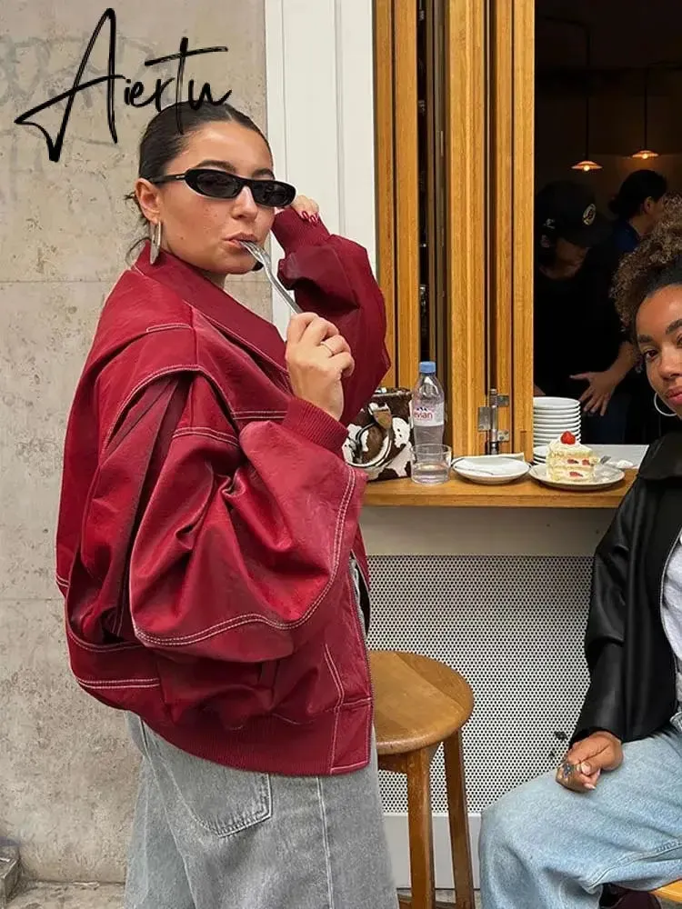 Aiertu Women Chic Contrast Stitching Red Jacket Fashion Lapel Long Sleeve Zippered Leather Coat Autumn Female Elegant Streetwear