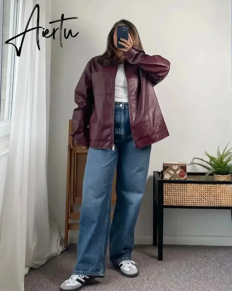 Aiertu Women Chic Contrast Stitching Red Jacket Fashion Lapel Long Sleeve Zippered Leather Coat Autumn Female Elegant Streetwear