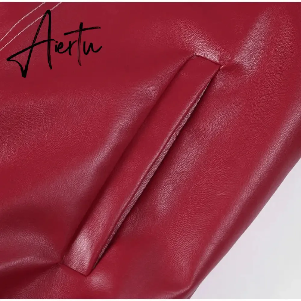 Aiertu Women Chic Contrast Stitching Red Jacket Fashion Lapel Long Sleeve Zippered Leather Coat Autumn Female Elegant Streetwear