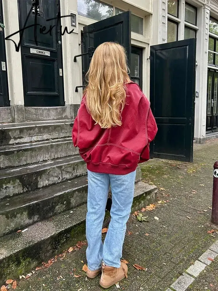 Aiertu Women Chic Contrast Stitching Red Jacket Fashion Lapel Long Sleeve Zippered Leather Coat Autumn Female Elegant Streetwear