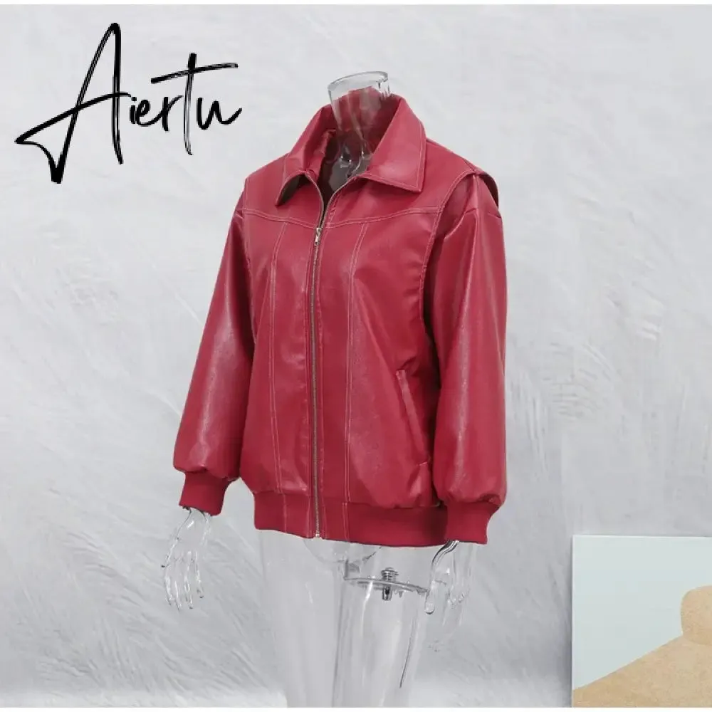 Aiertu Women Chic Contrast Stitching Red Jacket Fashion Lapel Long Sleeve Zippered Leather Coat Autumn Female Elegant Streetwear