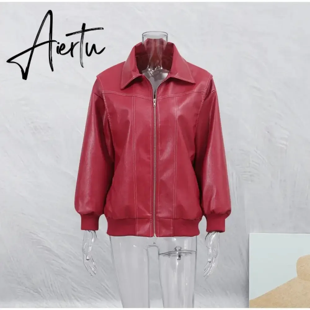 Aiertu Women Chic Contrast Stitching Red Jacket Fashion Lapel Long Sleeve Zippered Leather Coat Autumn Female Elegant Streetwear