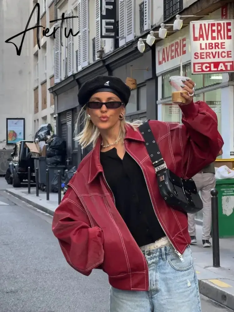 Aiertu Women Chic Contrast Stitching Red Jacket Fashion Lapel Long Sleeve Zippered Leather Coat Autumn Female Elegant Streetwear