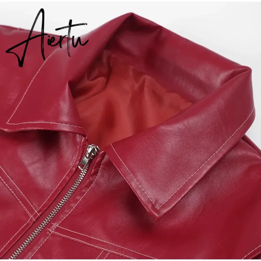 Aiertu Women Chic Contrast Stitching Red Jacket Fashion Lapel Long Sleeve Zippered Leather Coat Autumn Female Elegant Streetwear