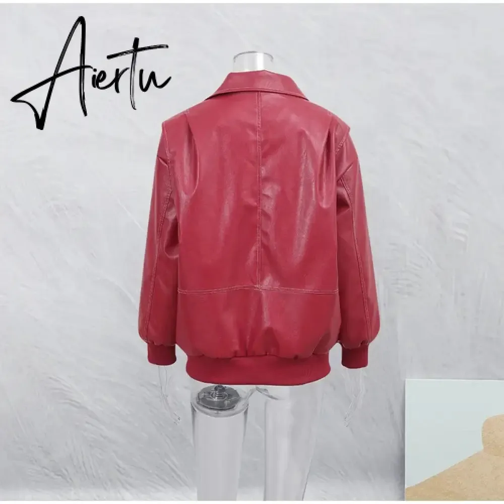 Aiertu Women Chic Contrast Stitching Red Jacket Fashion Lapel Long Sleeve Zippered Leather Coat Autumn Female Elegant Streetwear