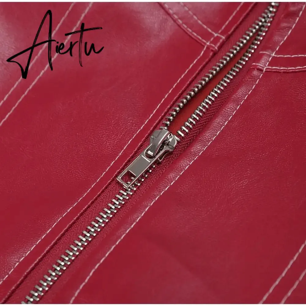 Aiertu Women Chic Contrast Stitching Red Jacket Fashion Lapel Long Sleeve Zippered Leather Coat Autumn Female Elegant Streetwear