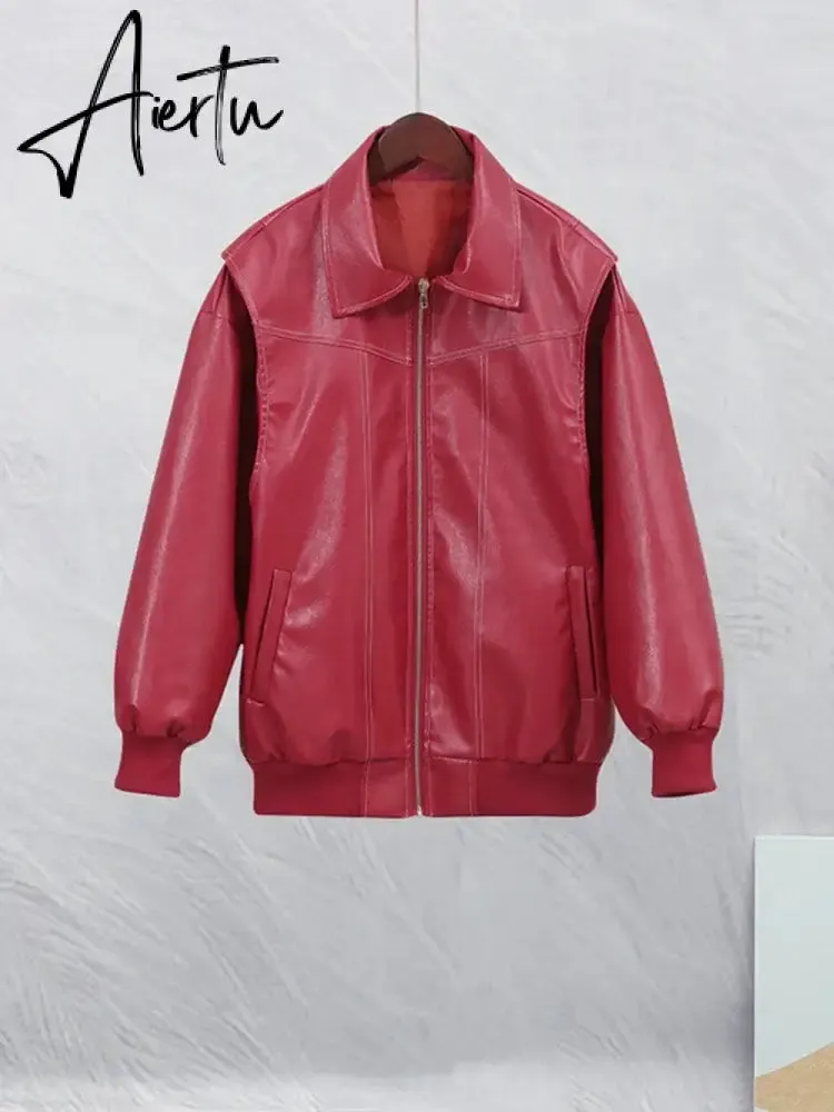 Aiertu Women Chic Contrast Stitching Red Jacket Fashion Lapel Long Sleeve Zippered Leather Coat Autumn Female Elegant Streetwear