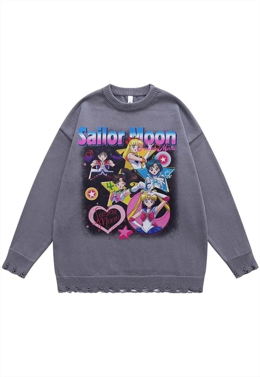 Anime sweater jumper ripped knitted top in beige