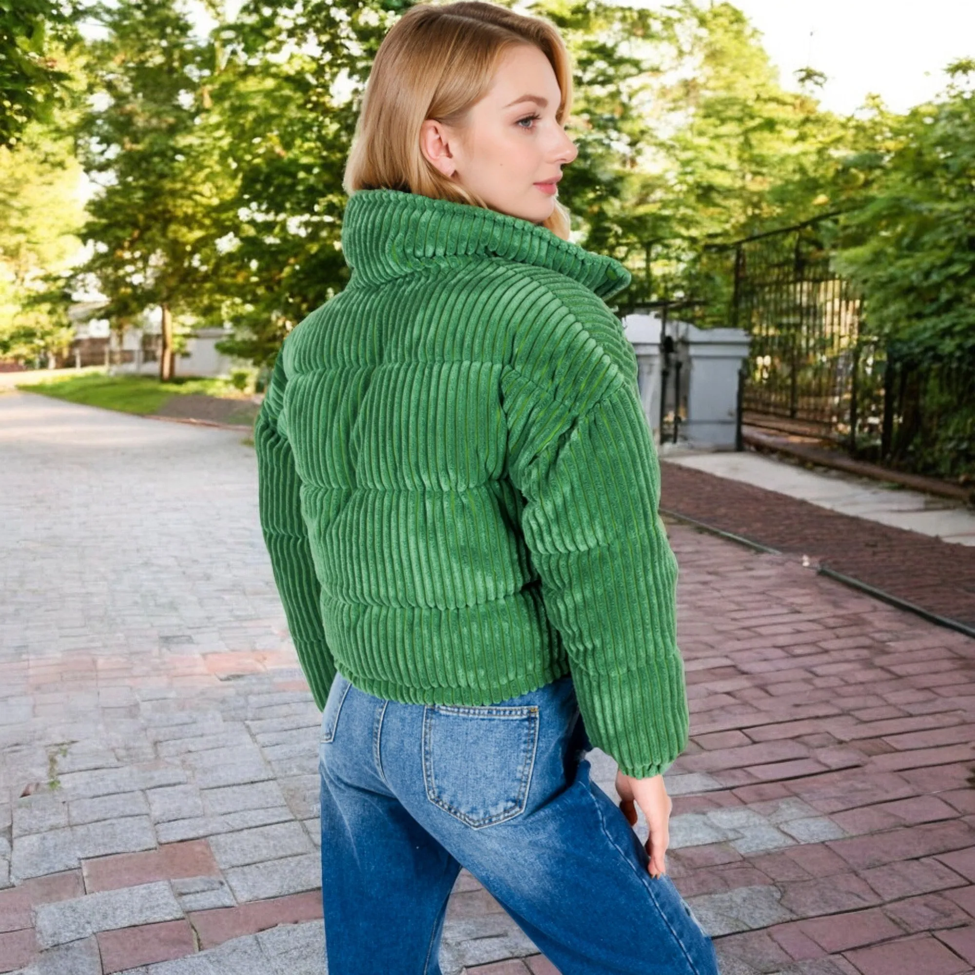 Anna-Kaci Women's Corduroy Cropped Jacket with Snap Buttons and High Collar