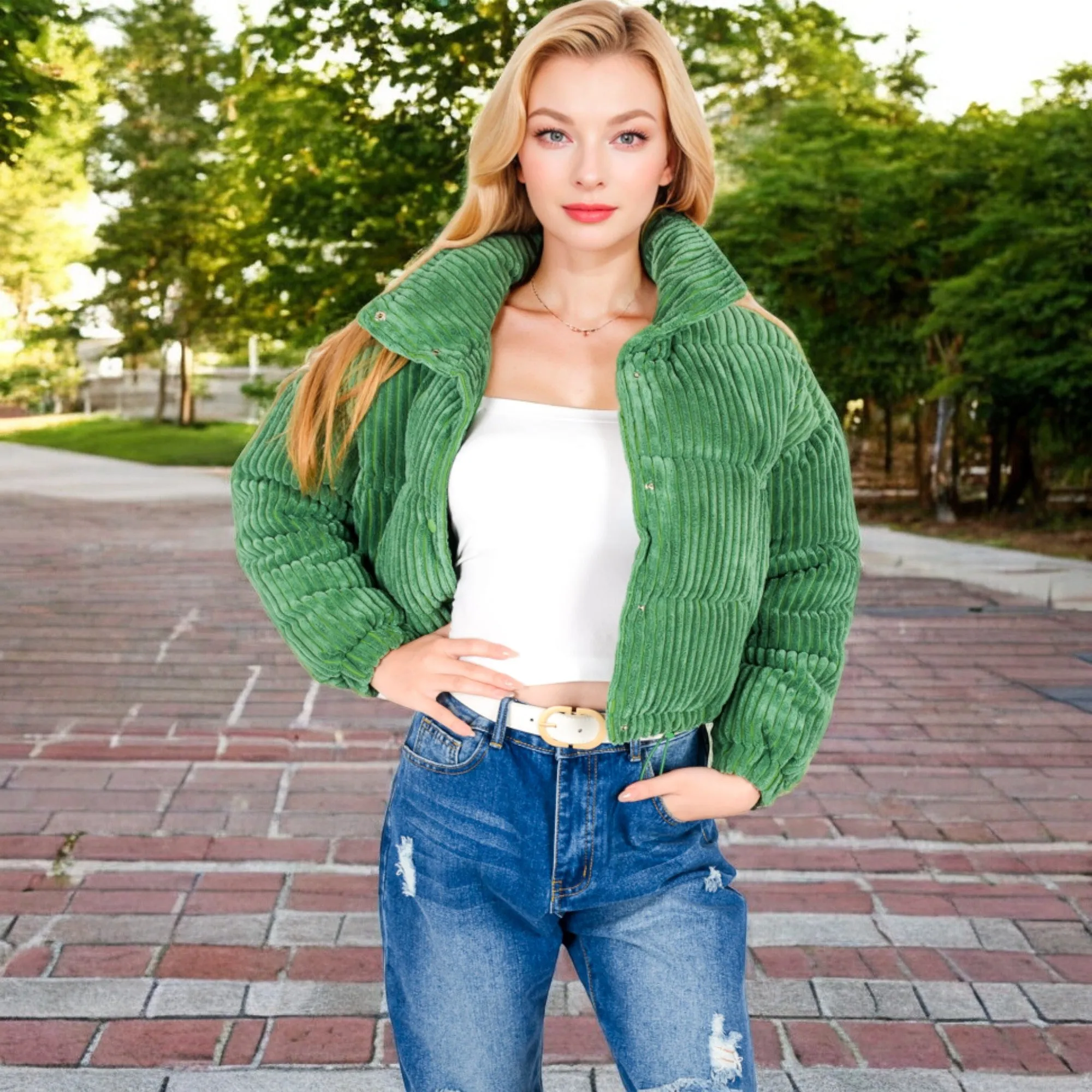 Anna-Kaci Women's Corduroy Cropped Jacket with Snap Buttons and High Collar
