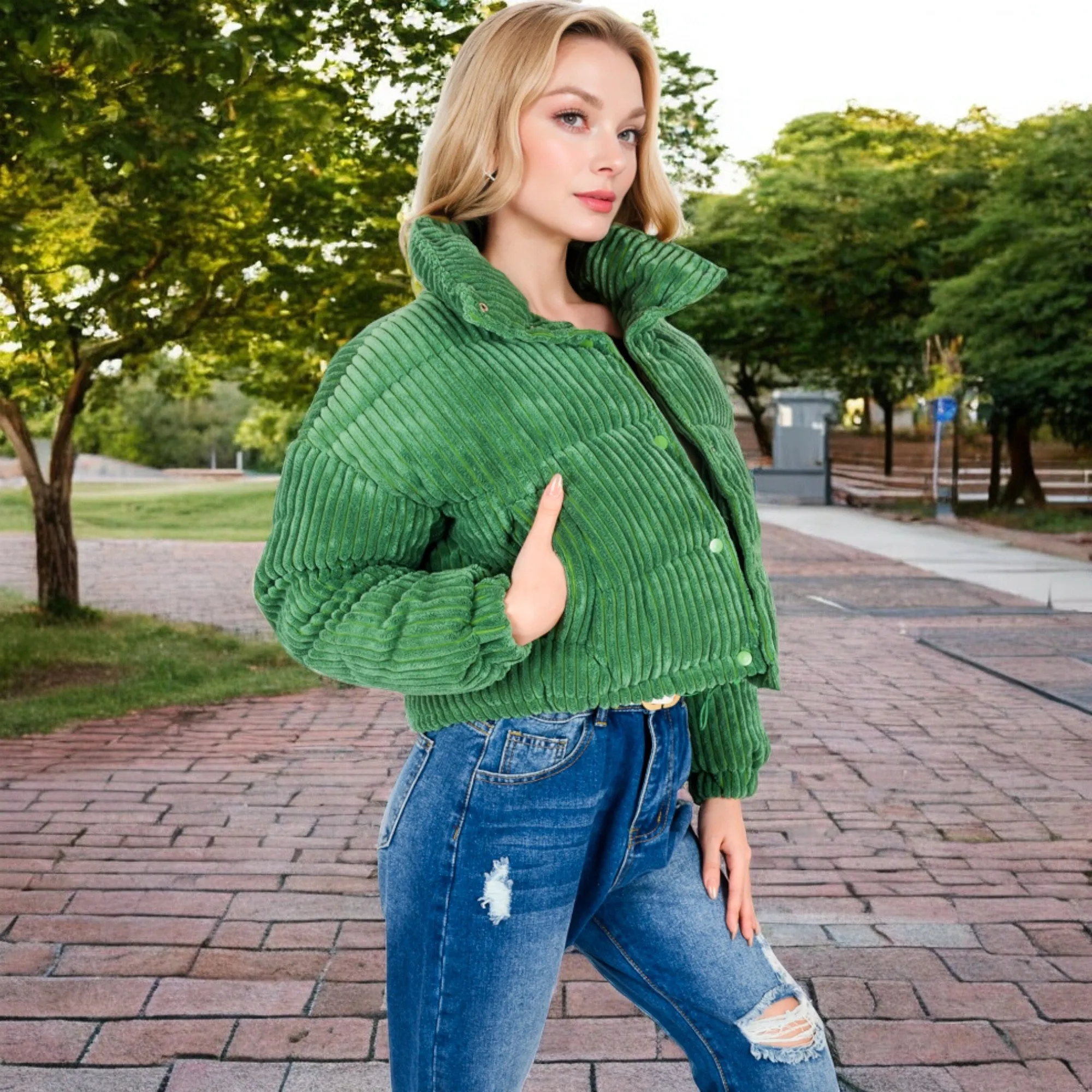Anna-Kaci Women's Corduroy Cropped Jacket with Snap Buttons and High Collar