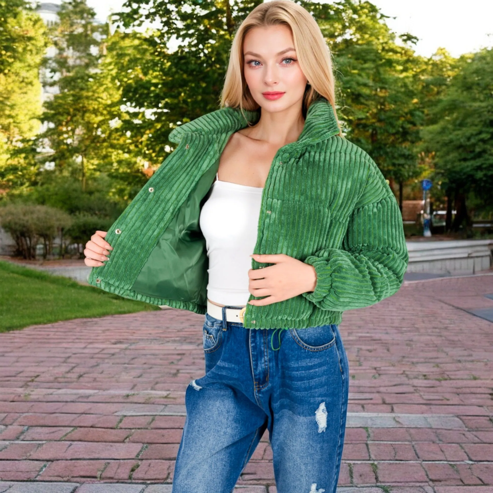 Anna-Kaci Women's Corduroy Cropped Jacket with Snap Buttons and High Collar
