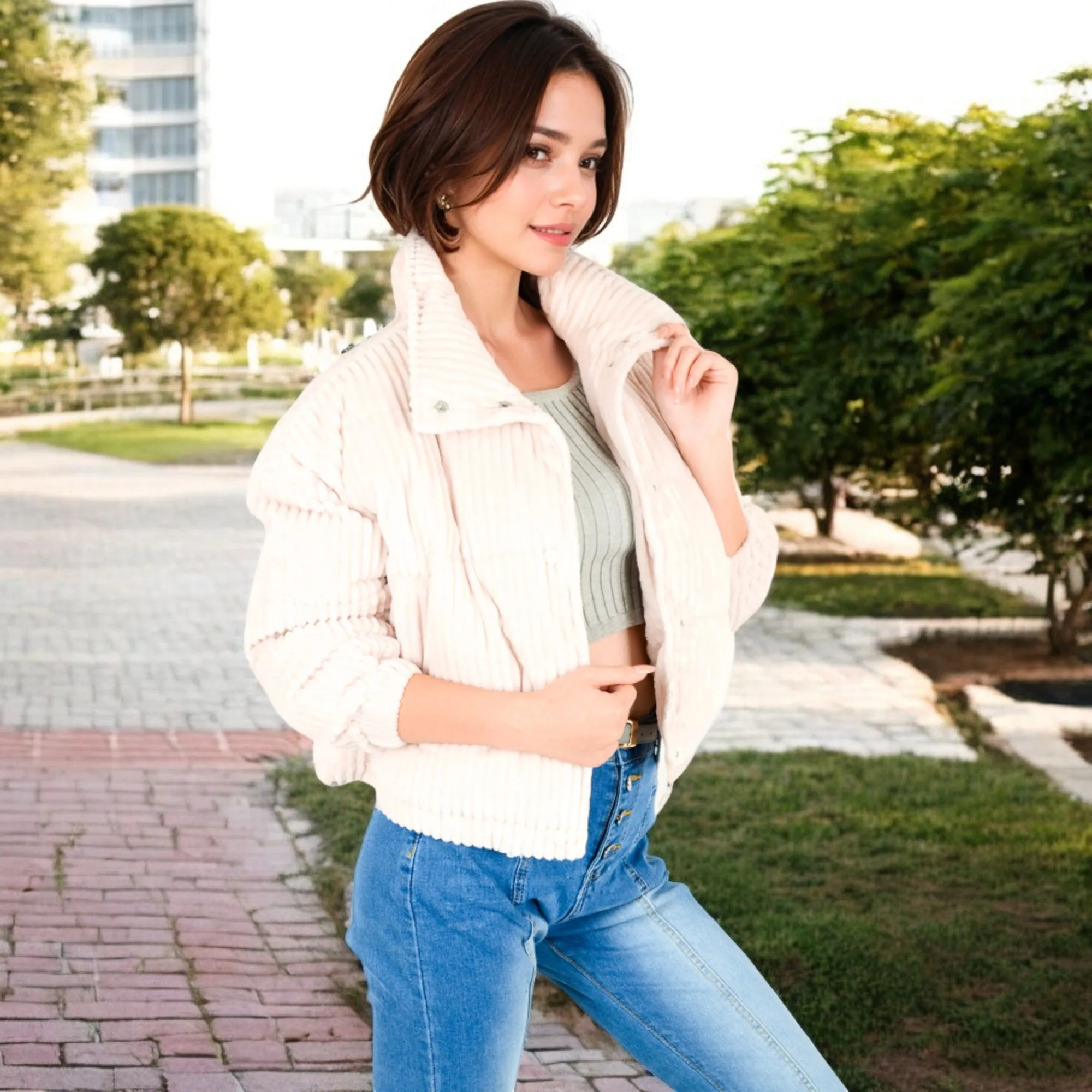 Anna-Kaci Women's Corduroy Cropped Jacket with Snap Buttons and High Collar