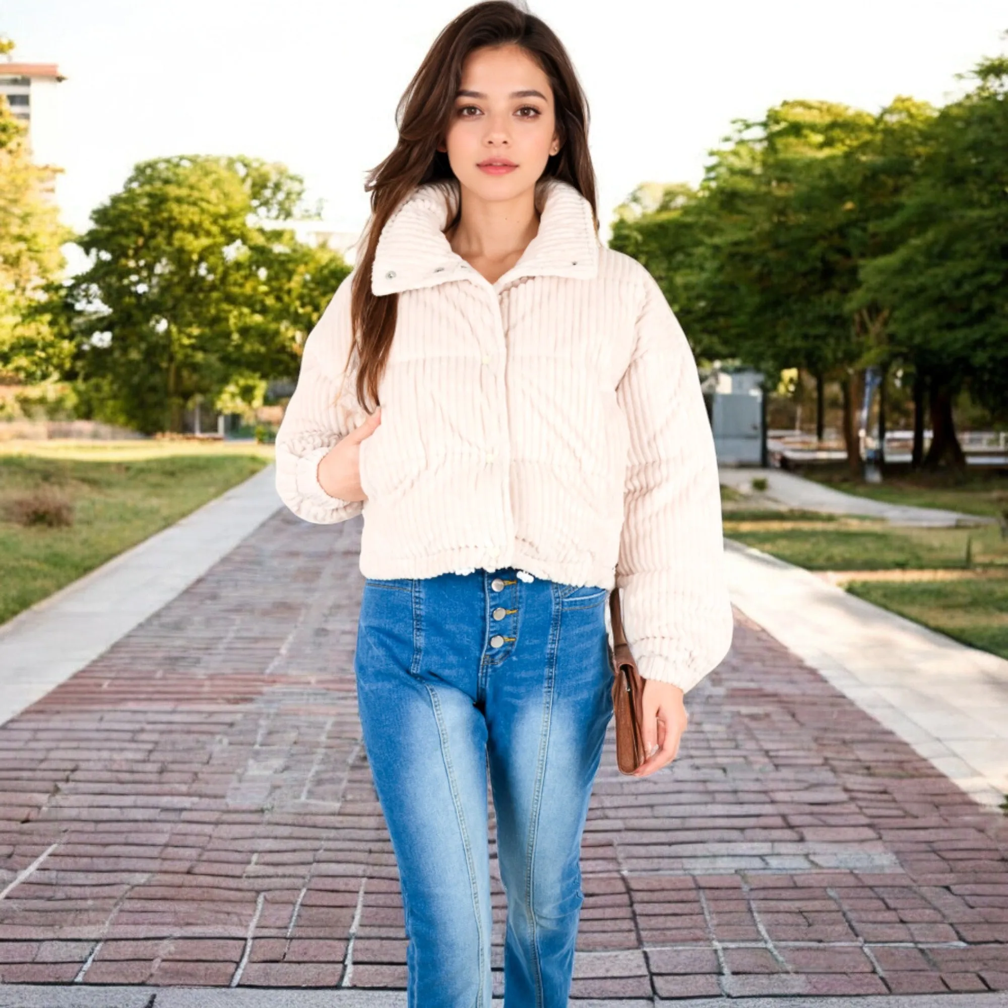 Anna-Kaci Women's Corduroy Cropped Jacket with Snap Buttons and High Collar