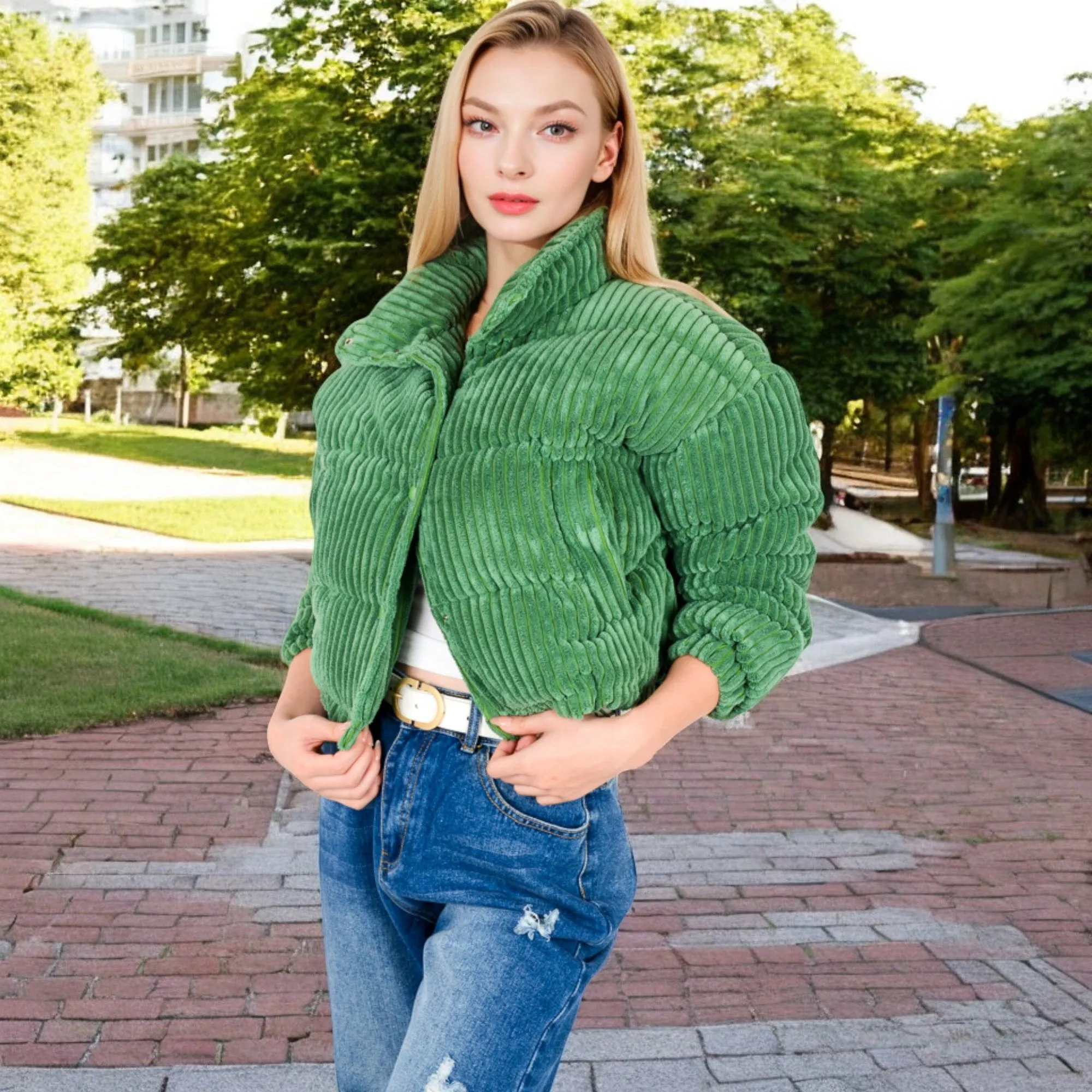 Anna-Kaci Women's Corduroy Cropped Jacket with Snap Buttons and High Collar