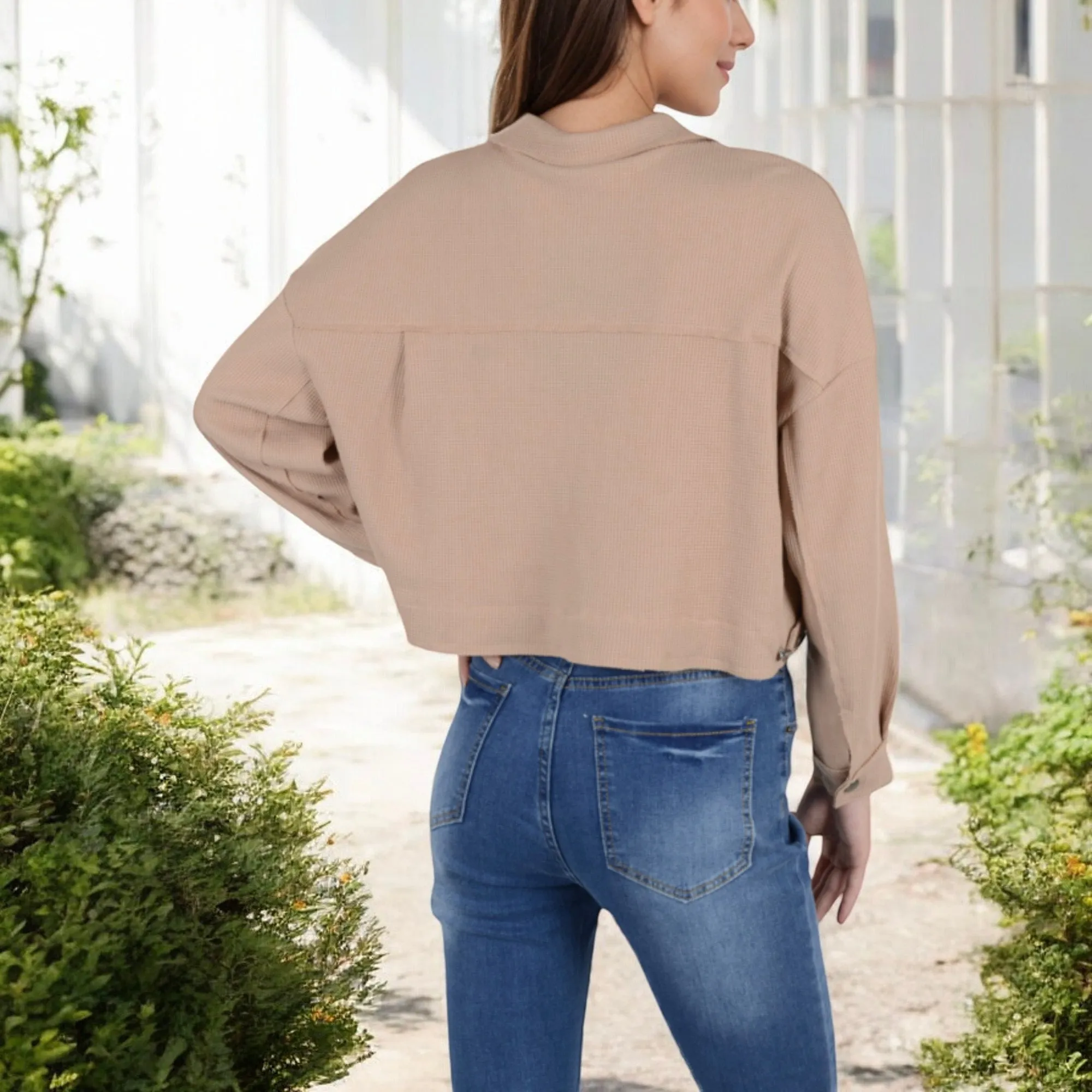 Anna-Kaci Women's Cropped Button-Up Jacket with Chest Pockets and Collared Neckline