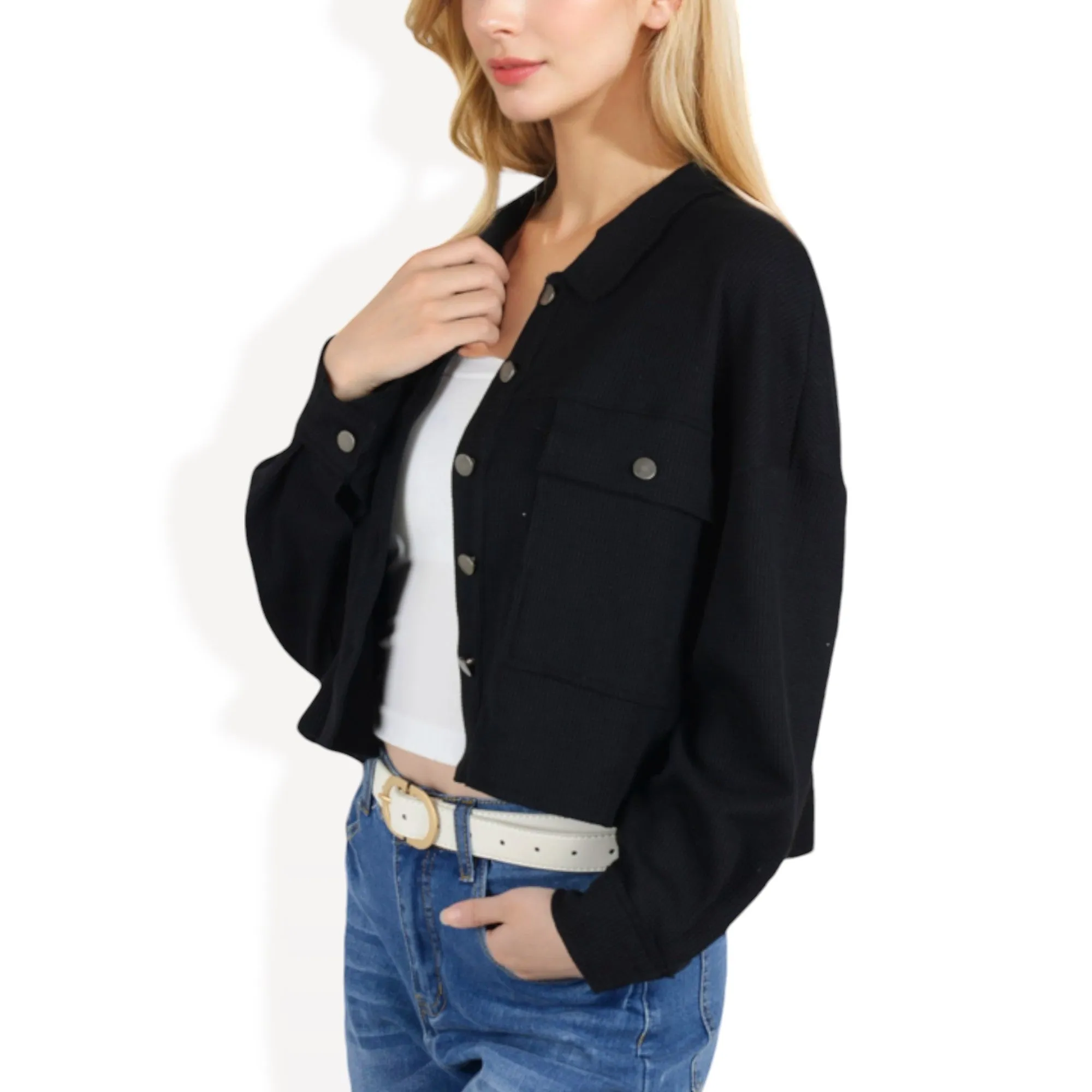 Anna-Kaci Women's Cropped Button-Up Jacket with Chest Pockets and Collared Neckline