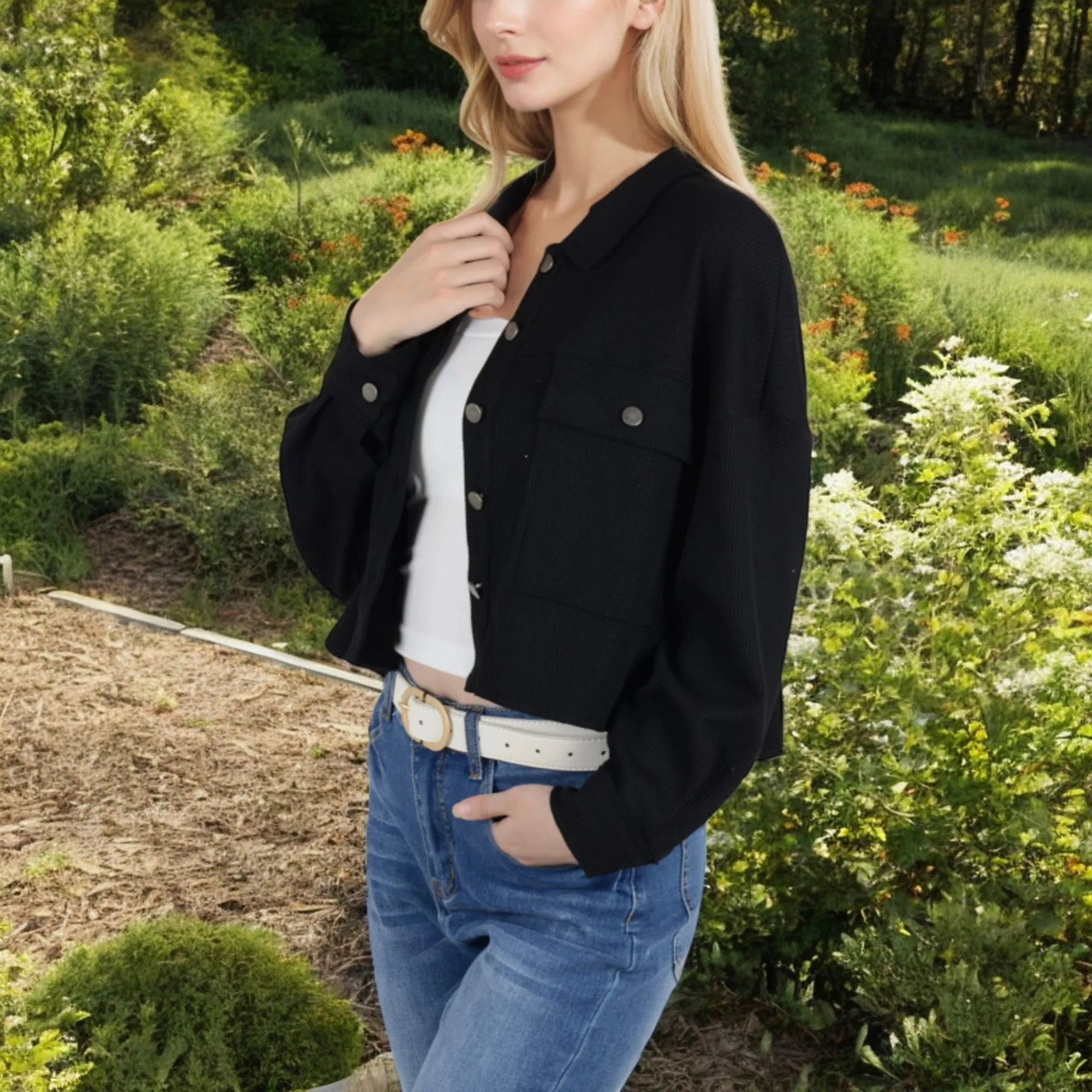 Anna-Kaci Women's Cropped Button-Up Jacket with Chest Pockets and Collared Neckline