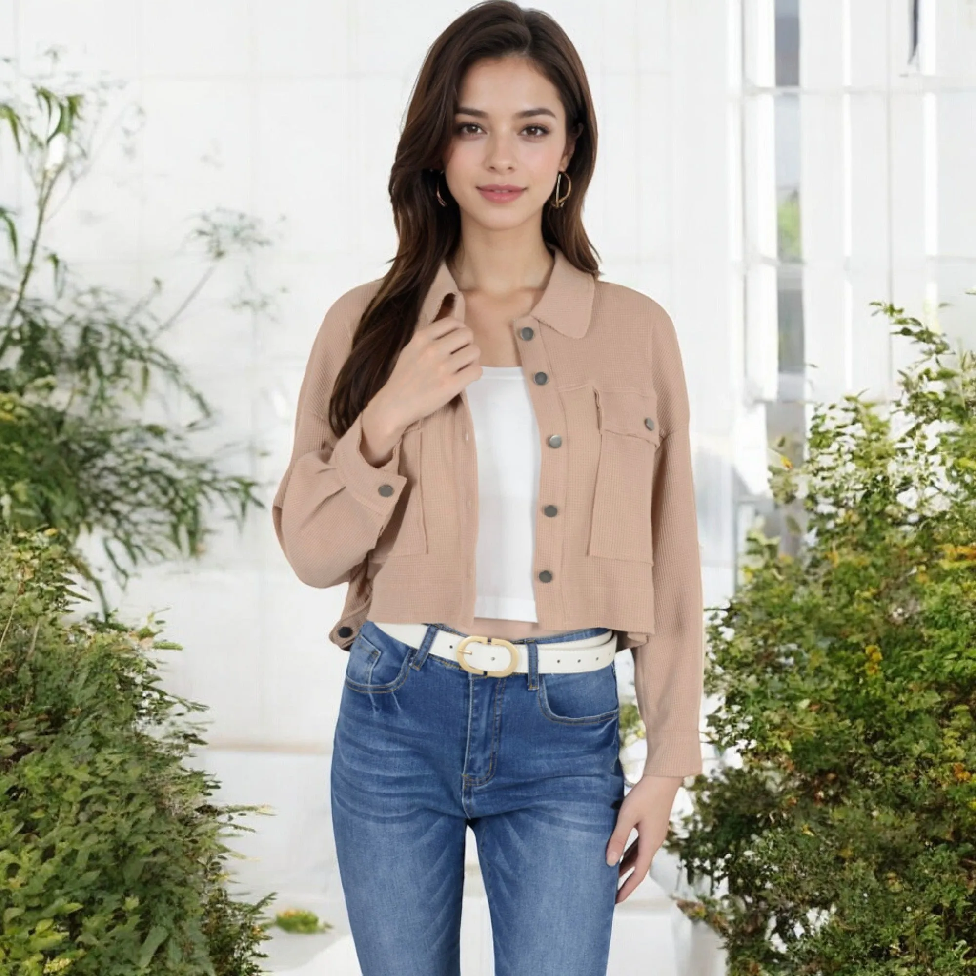 Anna-Kaci Women's Cropped Button-Up Jacket with Chest Pockets and Collared Neckline
