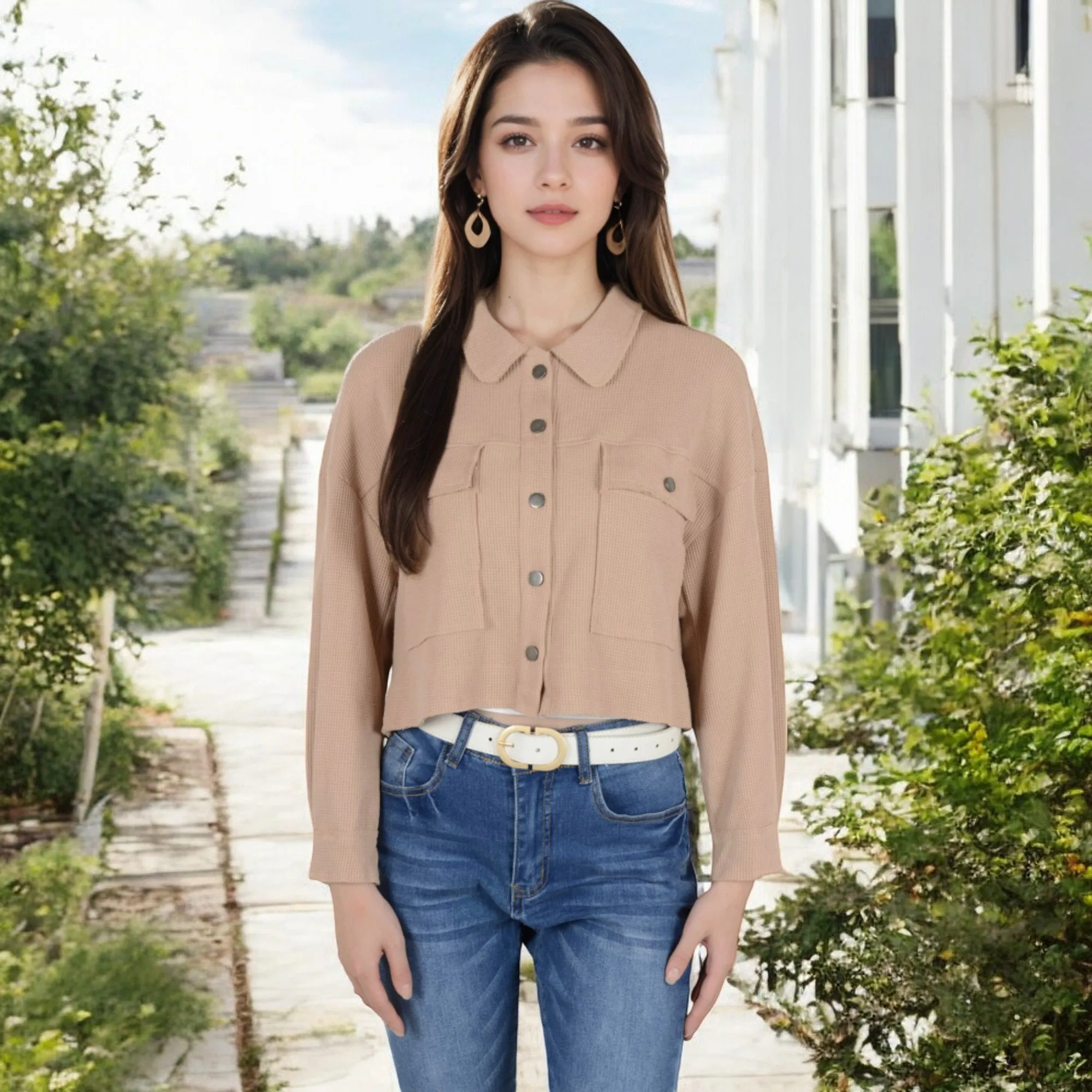 Anna-Kaci Women's Cropped Button-Up Jacket with Chest Pockets and Collared Neckline
