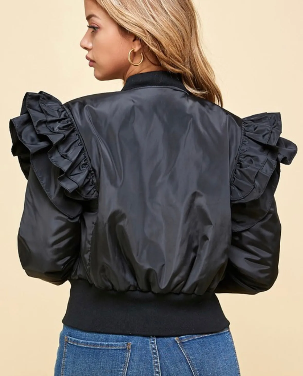 Black Ruffle Shoulder Bomber Jacket