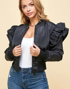 Black Ruffle Shoulder Bomber Jacket