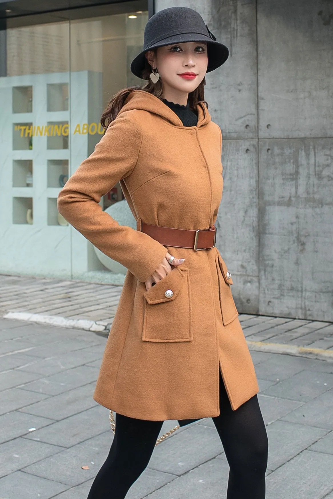 Camel Women's Wool Coat with Hood C2589, Size M #CK2101376