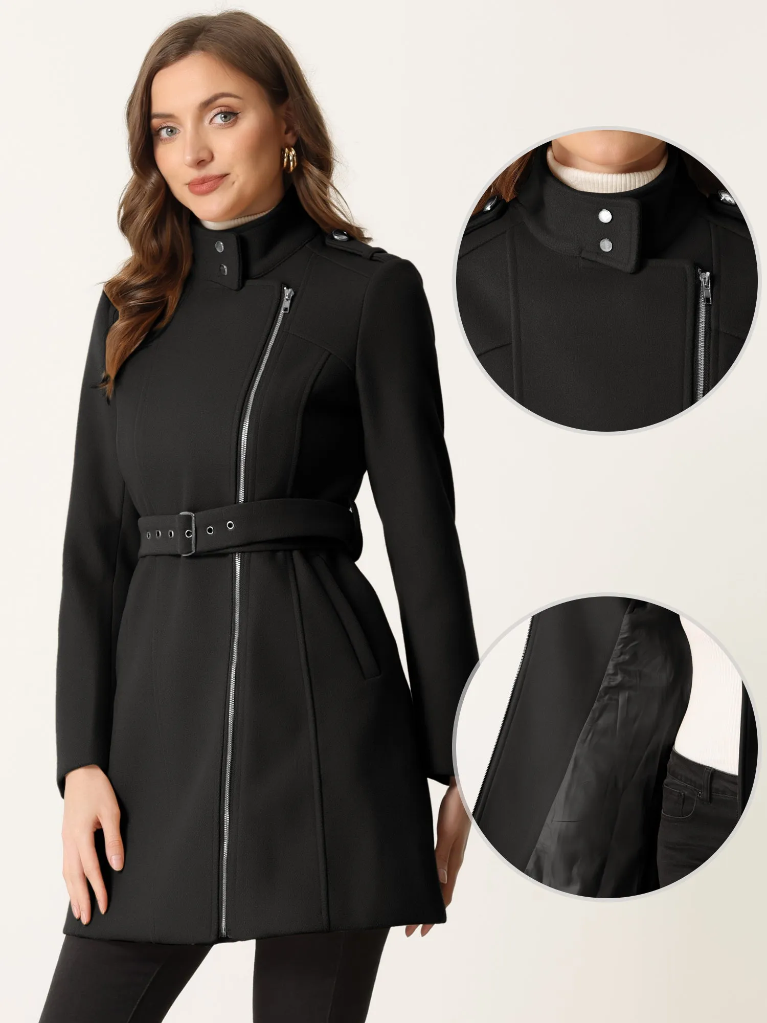 Classic Stand Collar Zip Up Belt Winter Trench Coat