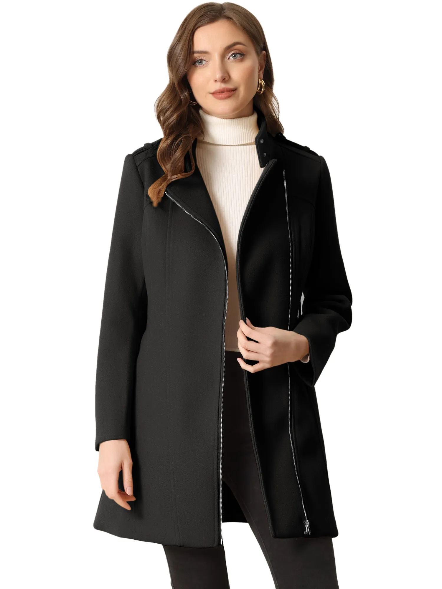 Classic Stand Collar Zip Up Belt Winter Trench Coat