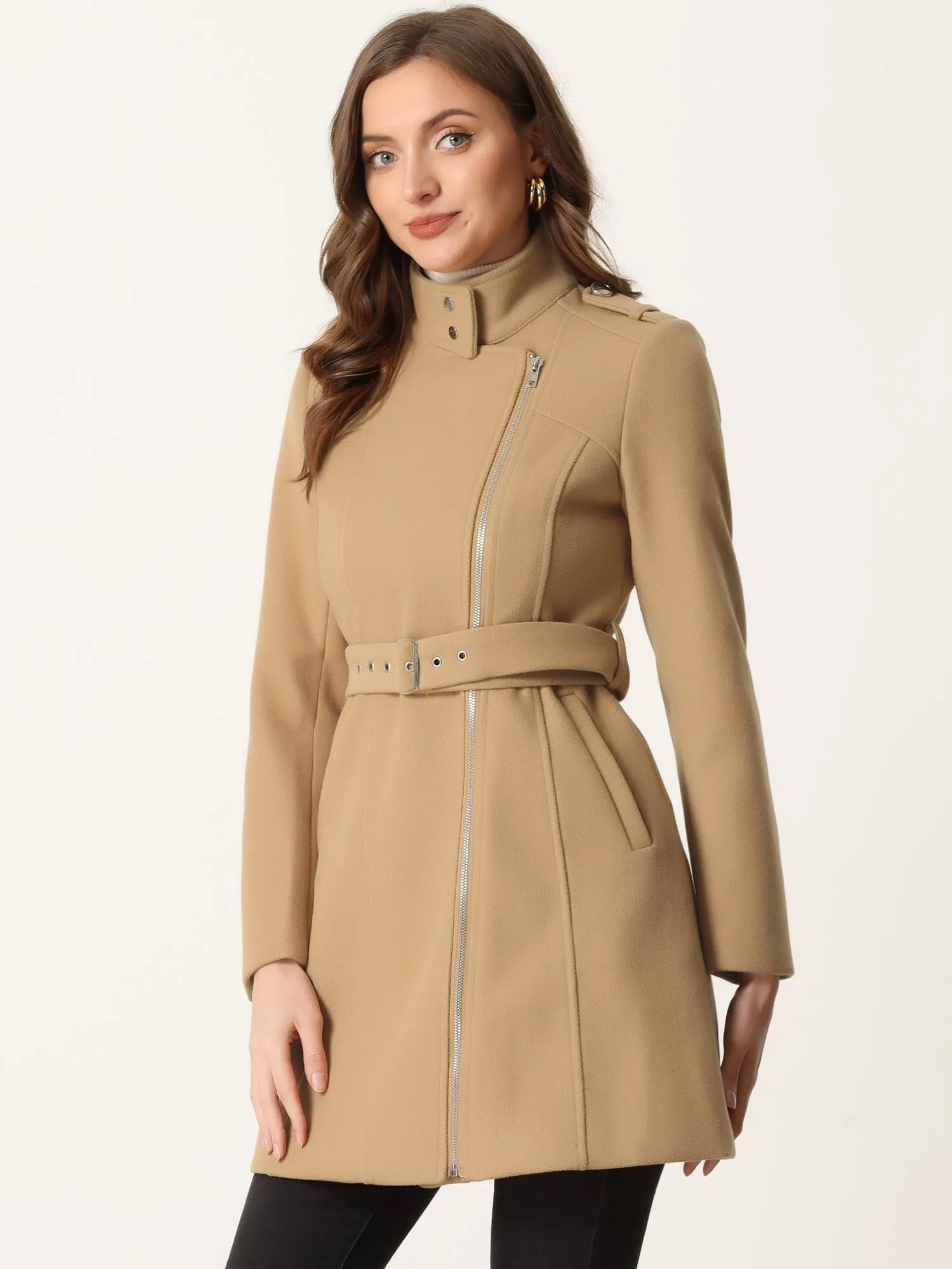 Classic Stand Collar Zip Up Belt Winter Trench Coat