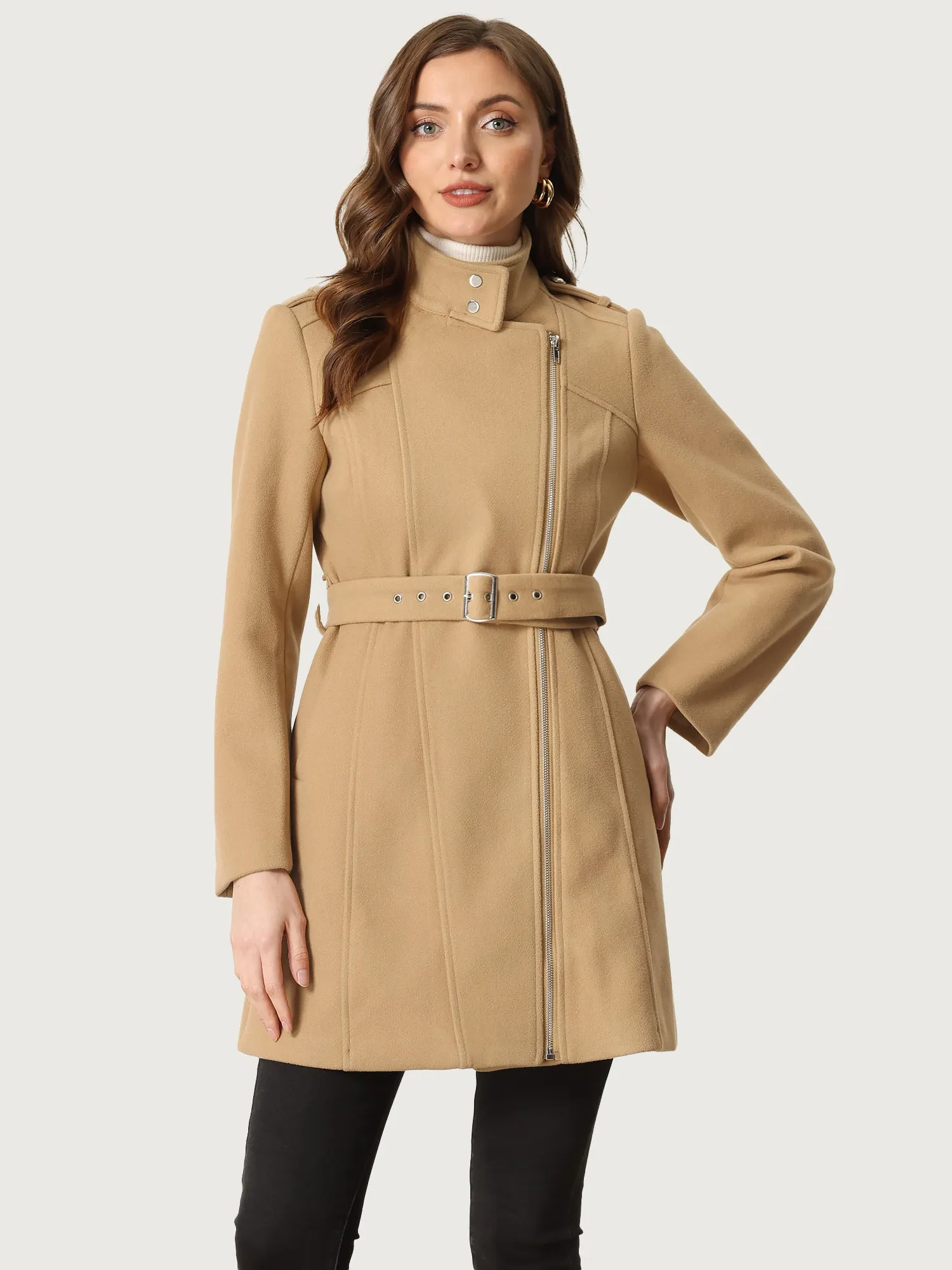 Classic Stand Collar Zip Up Belt Winter Trench Coat