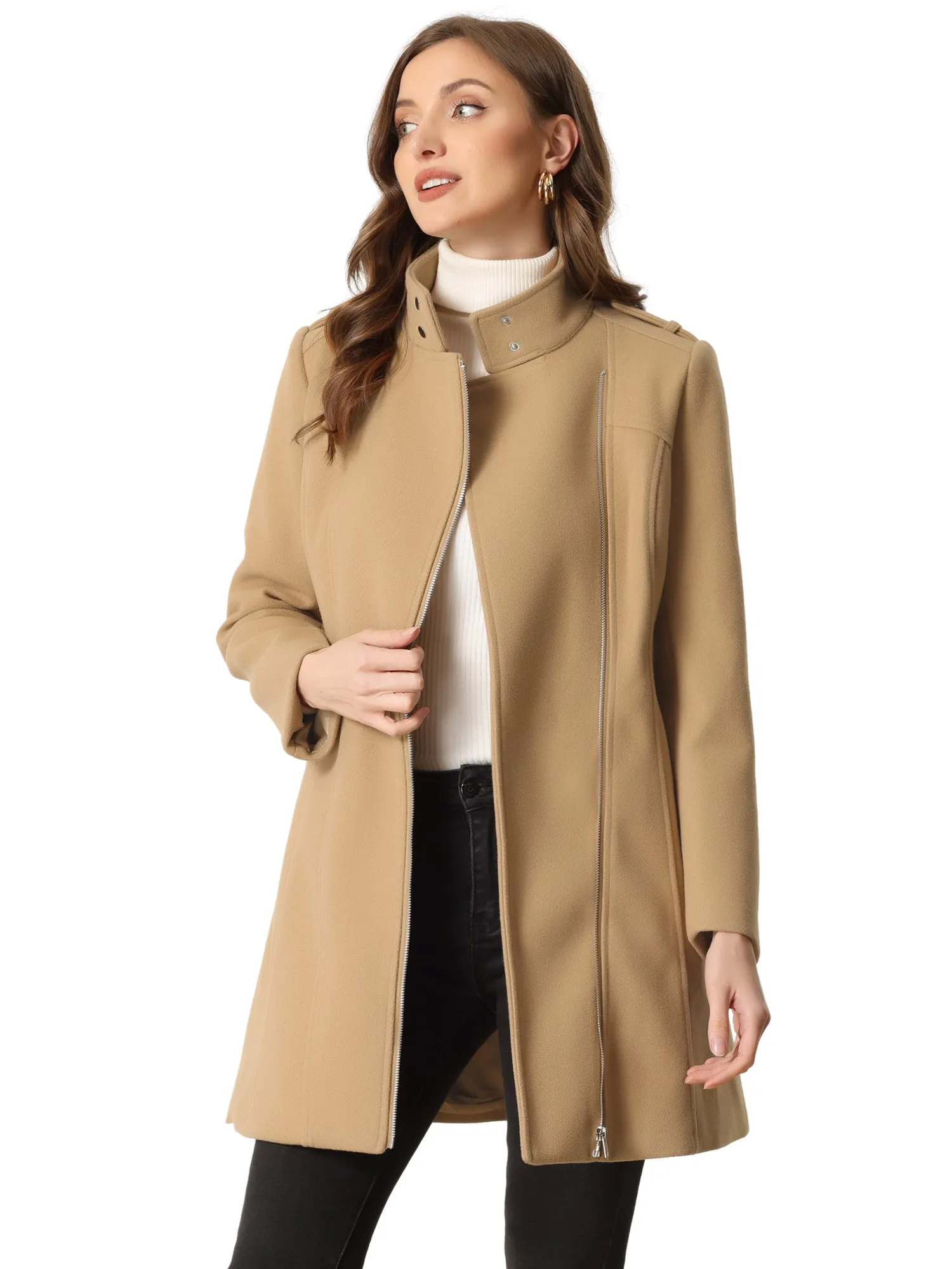 Classic Stand Collar Zip Up Belt Winter Trench Coat