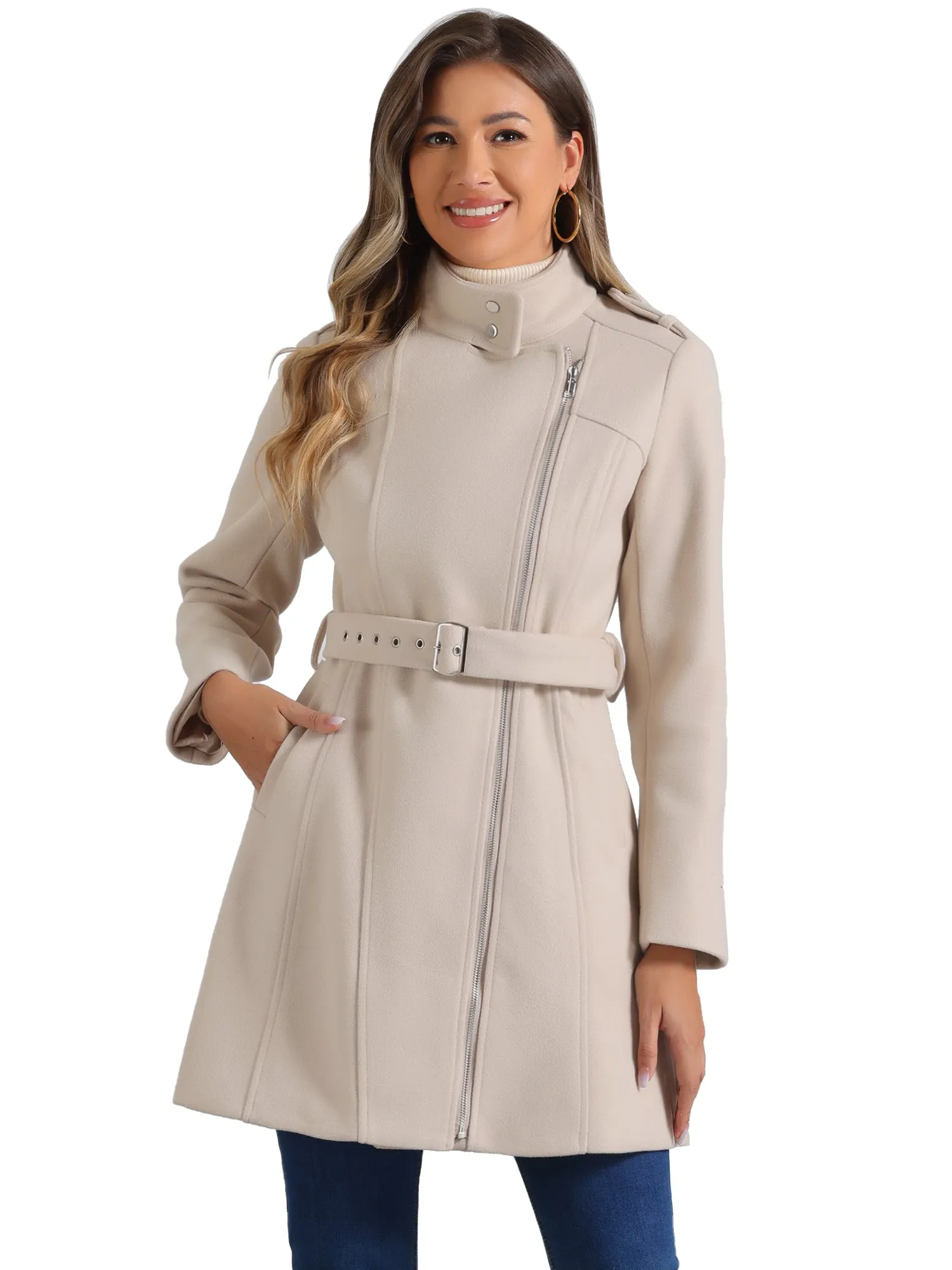 Classic Stand Collar Zip Up Belt Winter Trench Coat