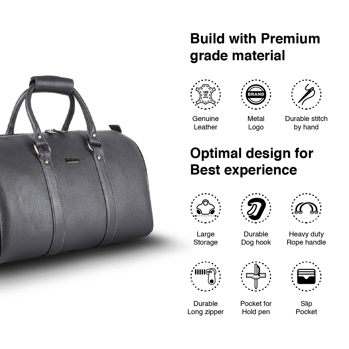 Duffle Bag for Travel - Genuine Leather Travel Bag for Luggage - Ideal Cabin Weekender Bag - Spacious, Stylish and Durable