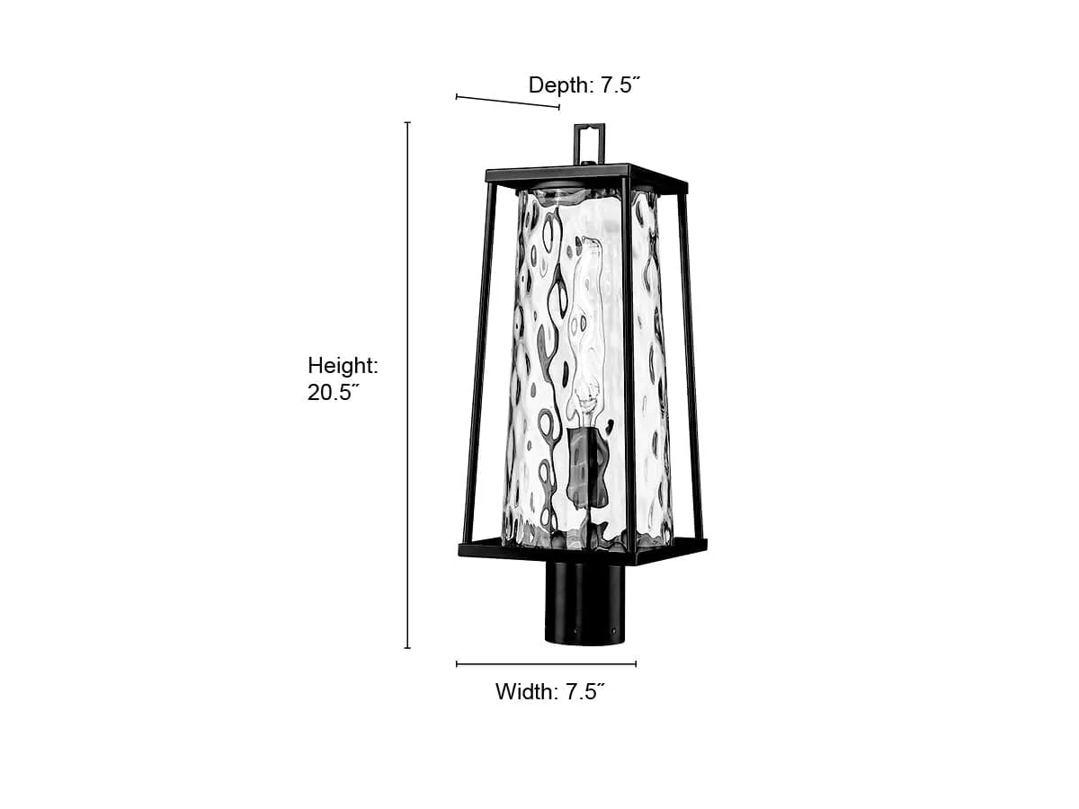 Dutton Outdoor Post Top Lantern - Powder Coated Black - Clear Water Textured Glass - 7.5in. Diameter - E26 Medium Base