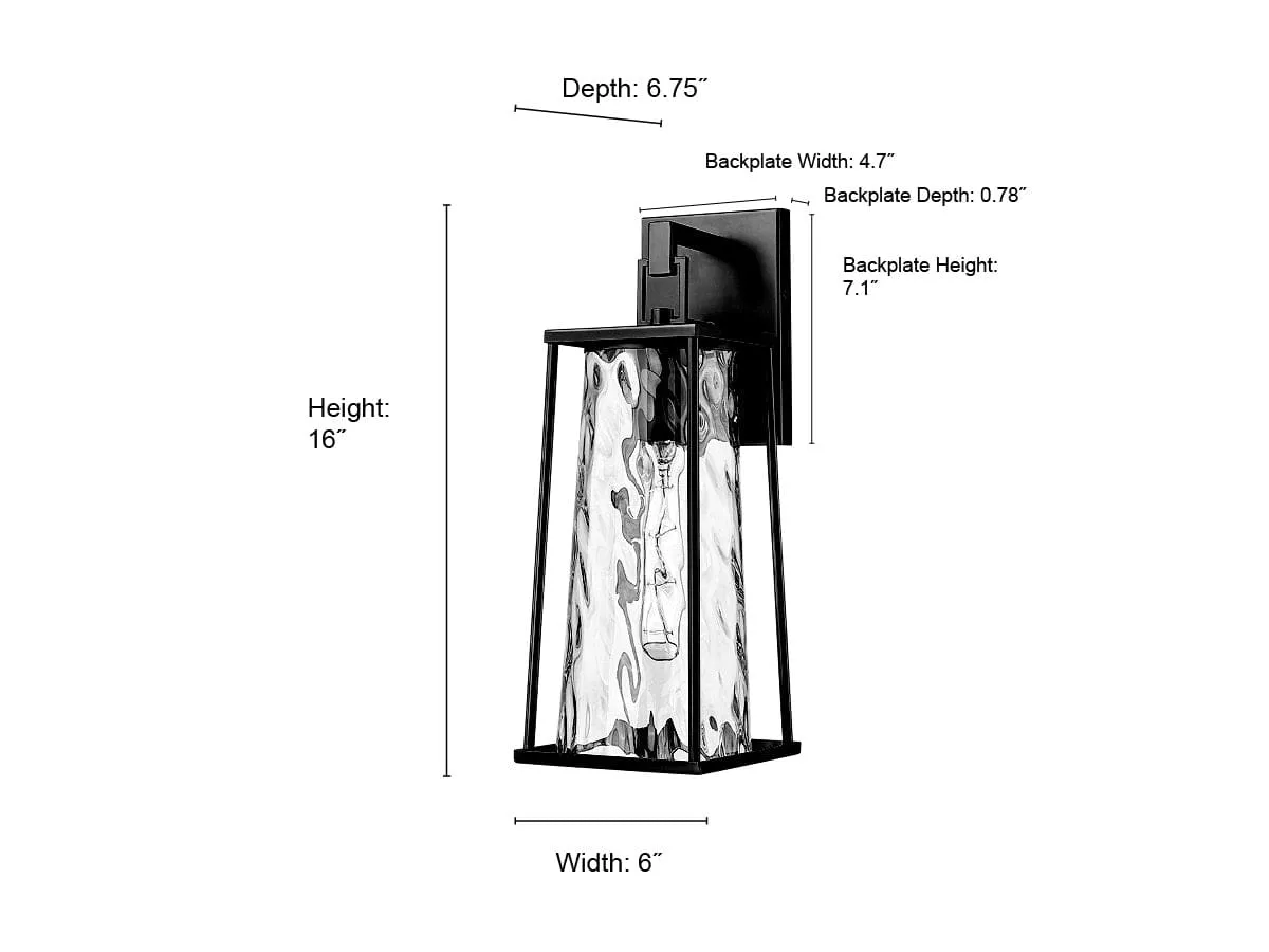 Dutton Outdoor Wall Sconce - Powder Coated Black - Clear Water Textured Glass - 6.75in. Extension - E26 Medium Base
