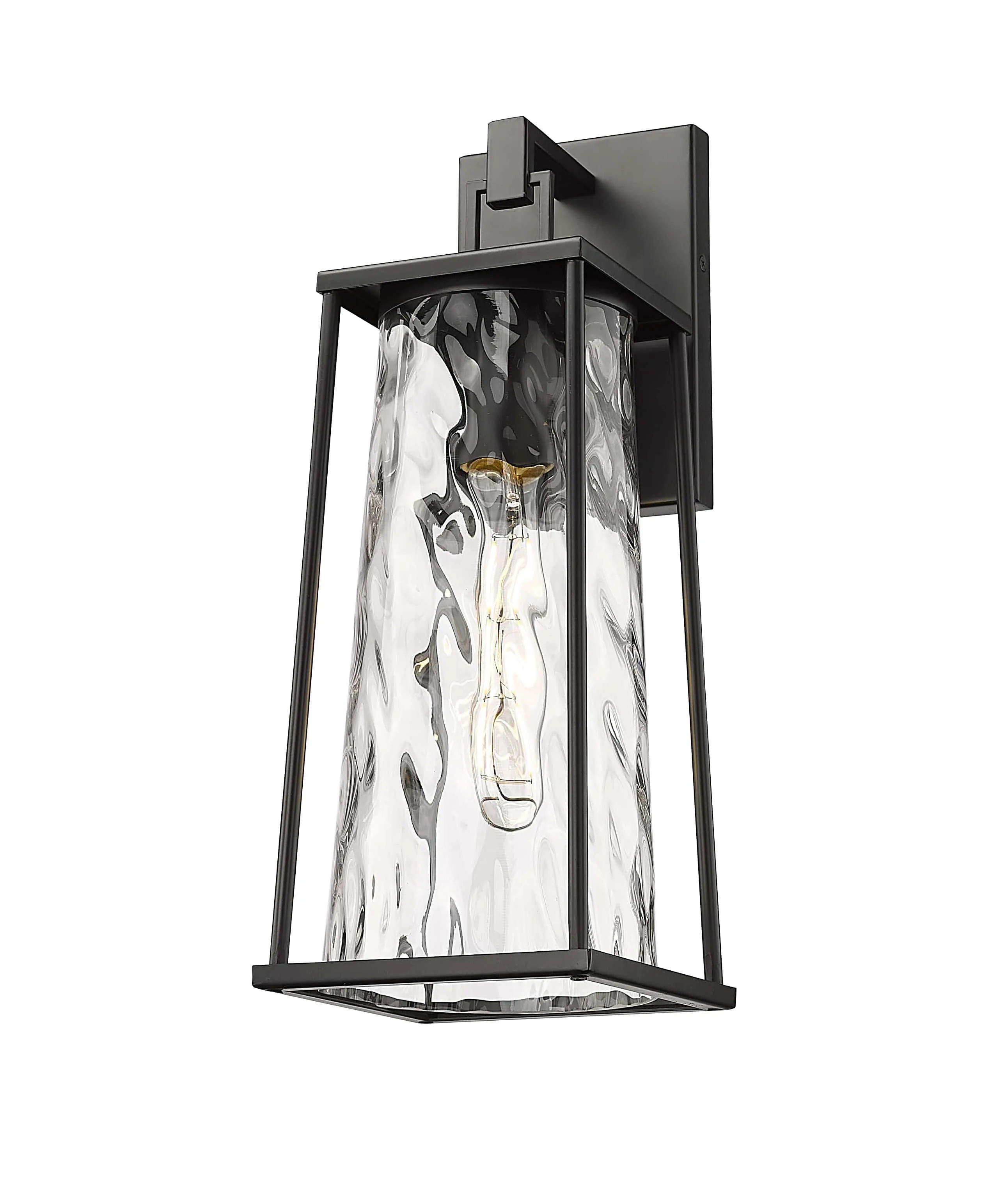 Dutton Outdoor Wall Sconce - Powder Coated Black - Clear Water Textured Glass - 6.75in. Extension - E26 Medium Base