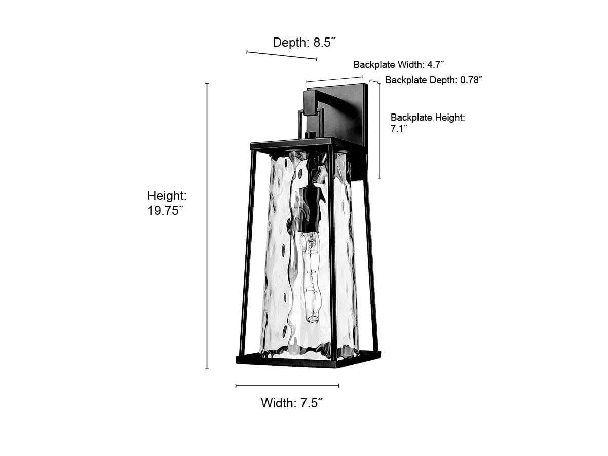 Dutton Outdoor Wall Sconce - Powder Coated Black - Clear Water Textured Glass - 8.5in. Extension - E26 Medium Base
