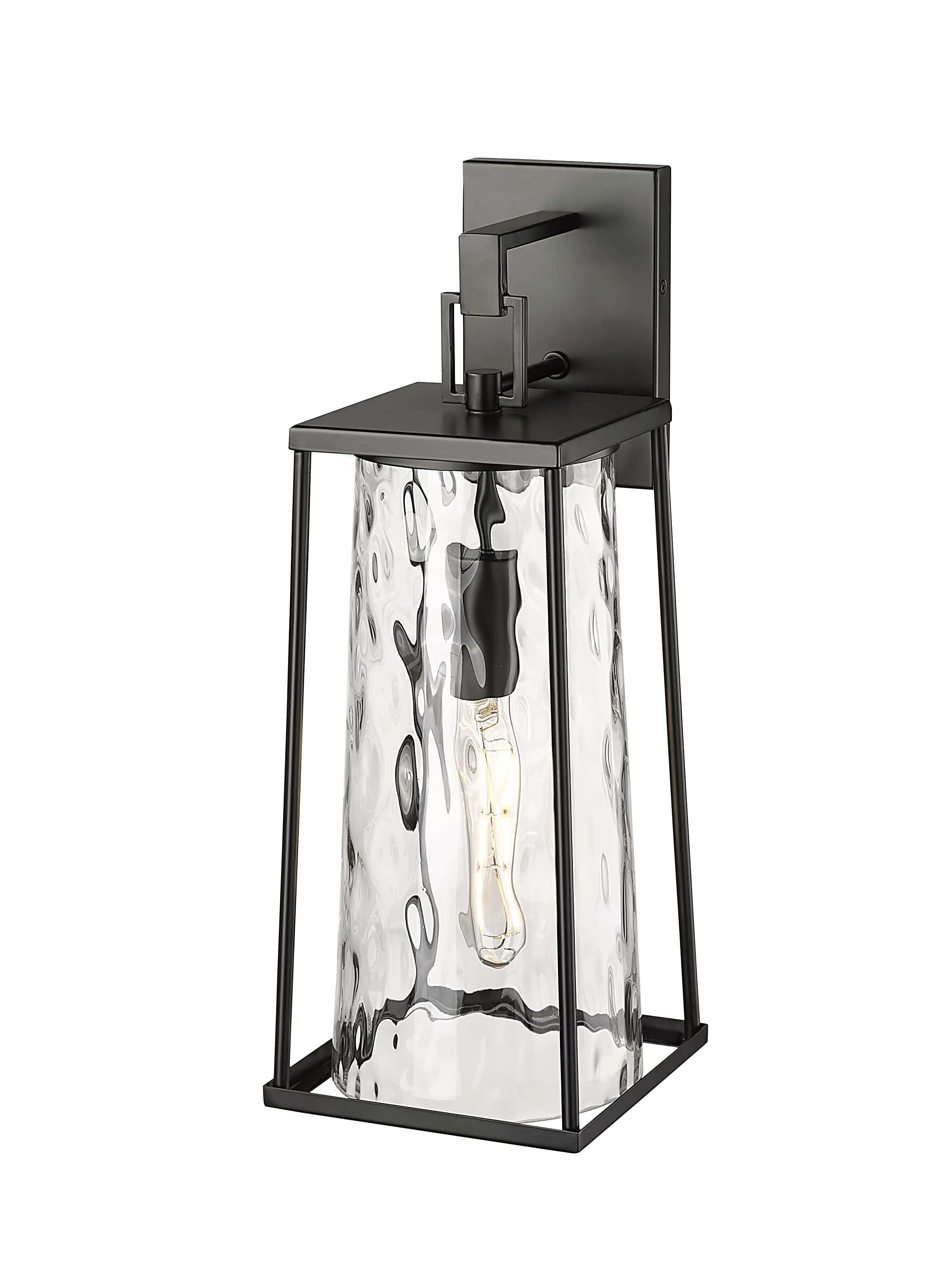 Dutton Outdoor Wall Sconce - Powder Coated Black - Clear Water Textured Glass - 8.5in. Extension - E26 Medium Base