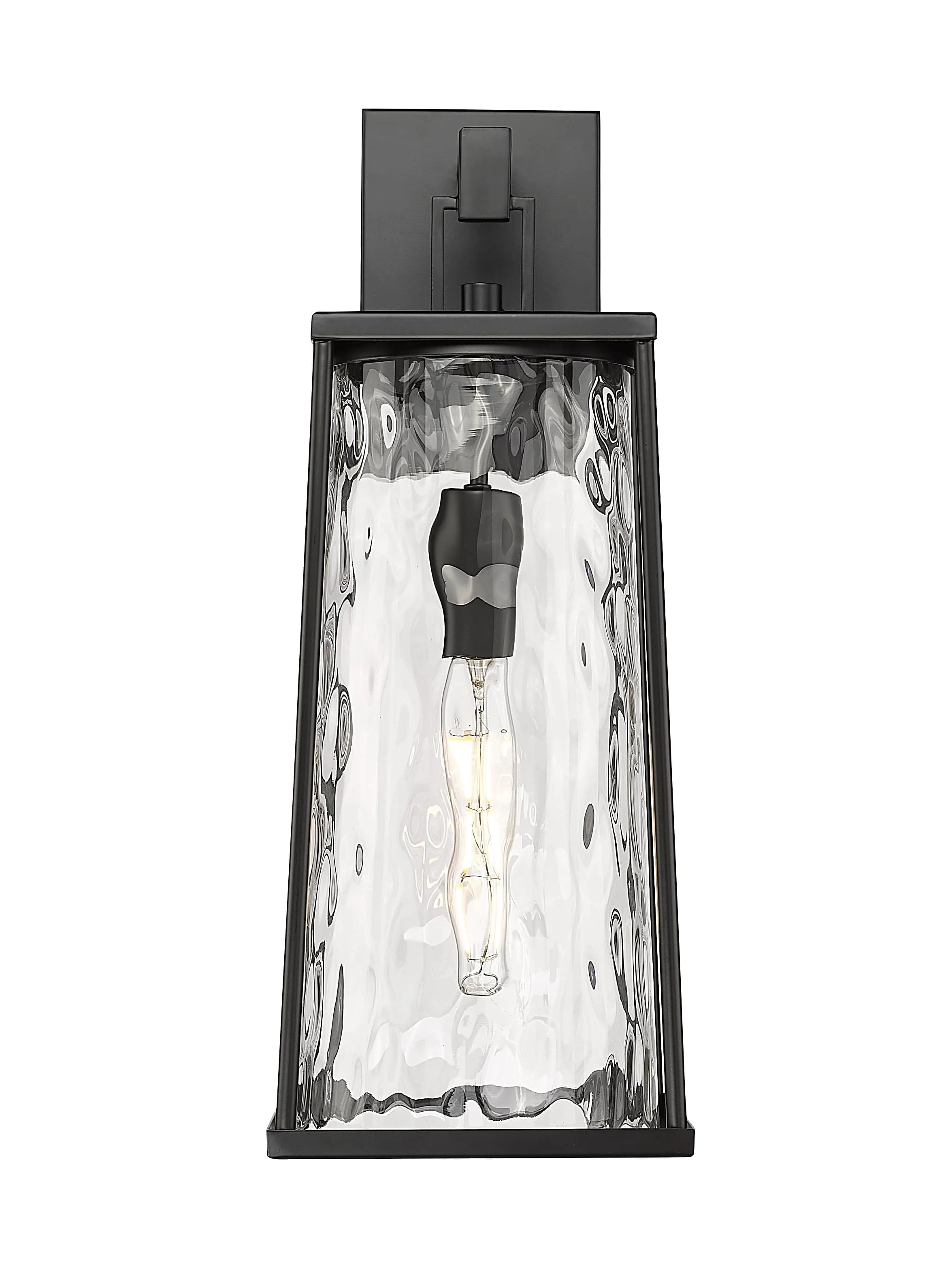 Dutton Outdoor Wall Sconce - Powder Coated Black - Clear Water Textured Glass - 8.5in. Extension - E26 Medium Base