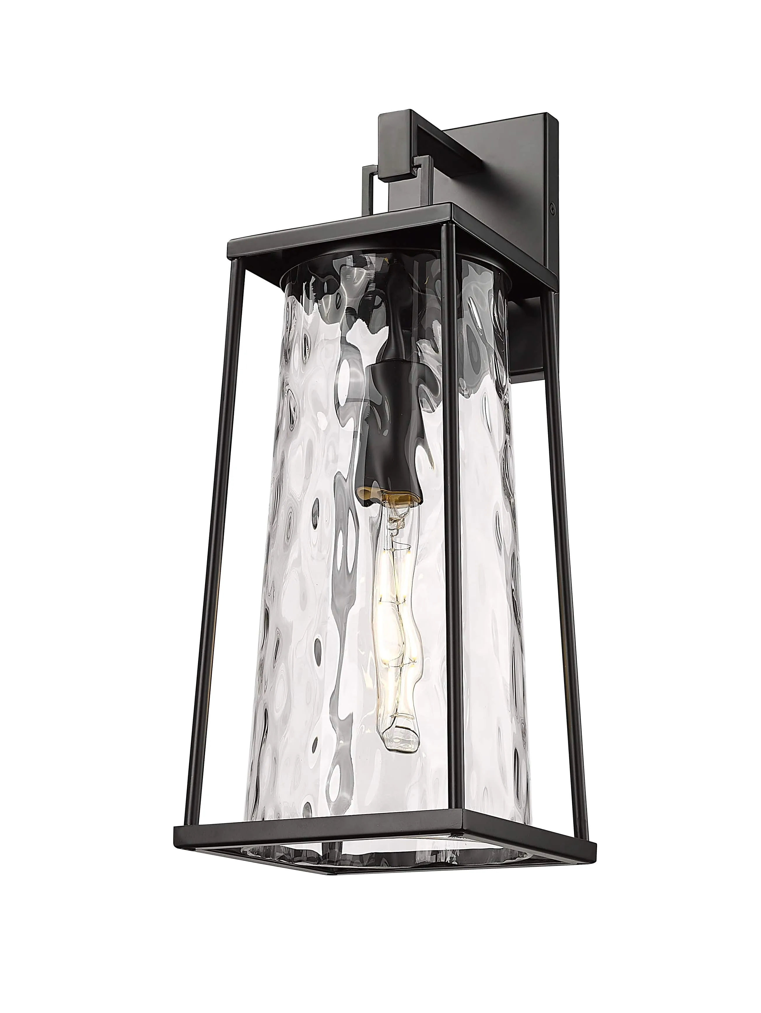 Dutton Outdoor Wall Sconce - Powder Coated Black - Clear Water Textured Glass - 8.5in. Extension - E26 Medium Base