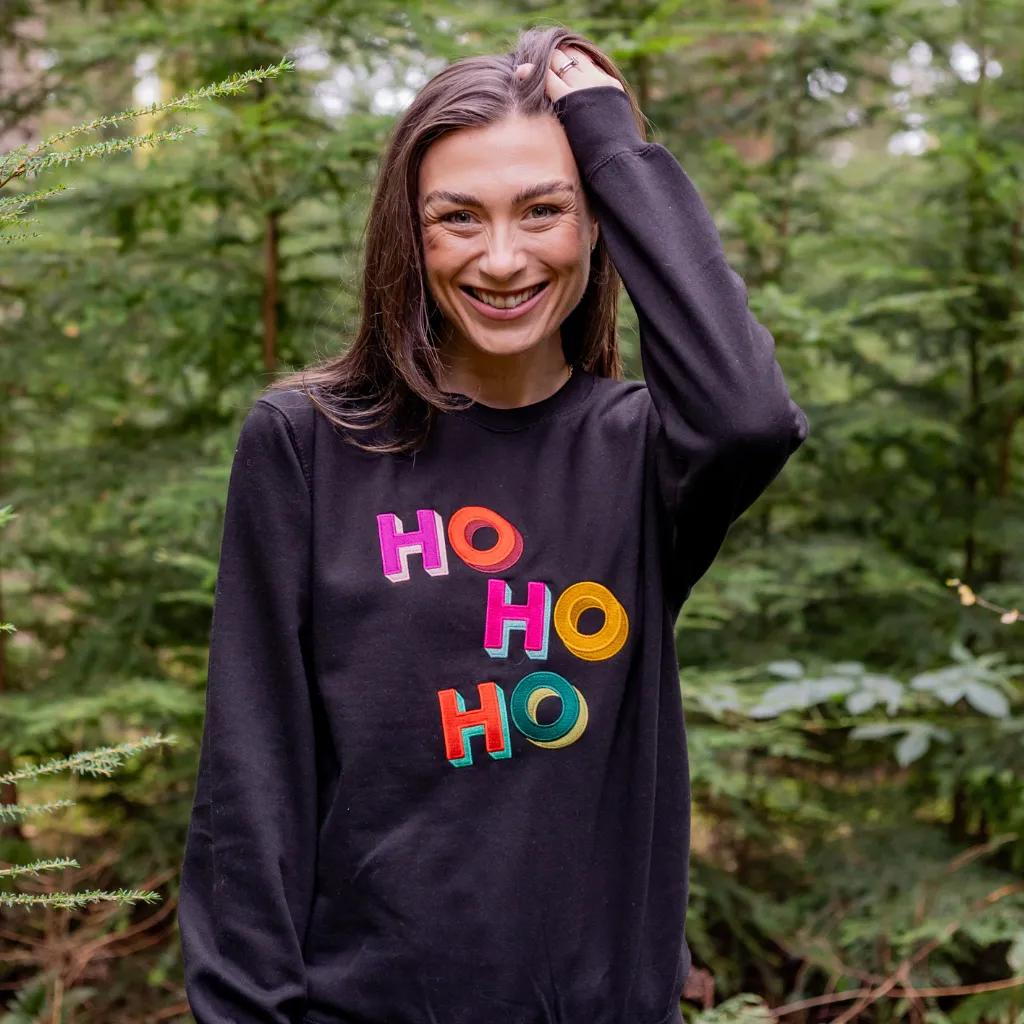 Embroidered HO HO HO Christmas Sweatshirt in Black