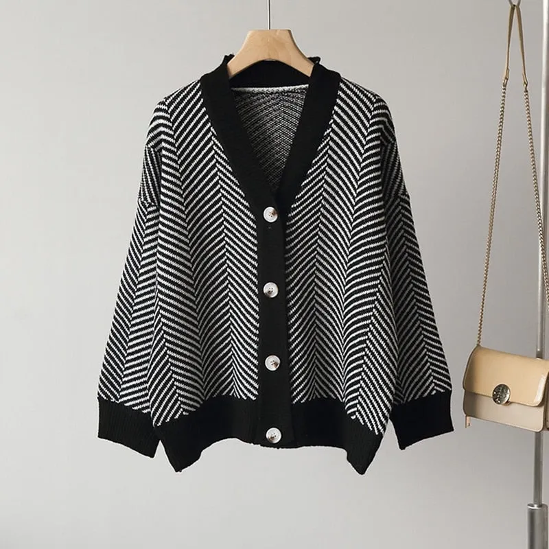 Fashionkova 2022 Fall Striped Knitted Cardigans Sweater Women Vintage Korean Chic Long Sleeve Coat Fashion Streetwear Loose Female Tops