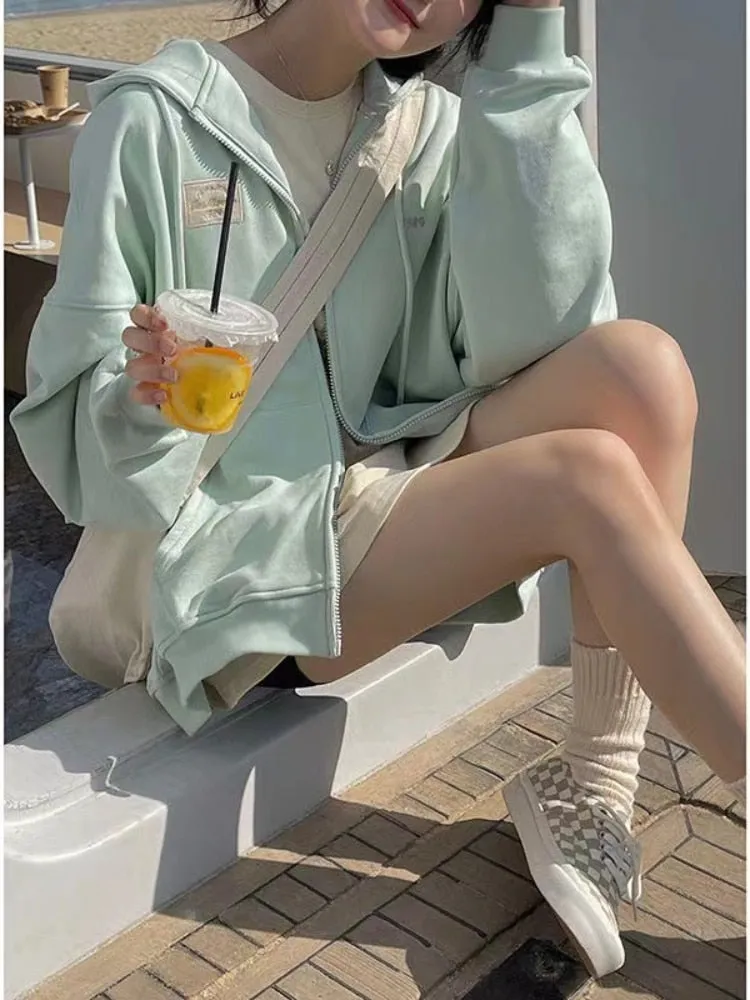 Fashionkova  Harajuku Green Zip Up Oversized Hoodies Women Hippie Loose Sweatshirts Casual Long Sleeve Tops Jacket Coat Korean Style