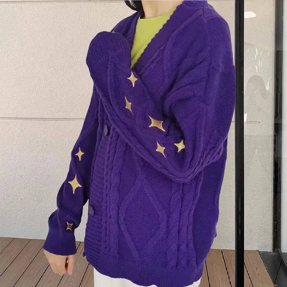 Fashionkova Women Winter Loose Knitted Cardigans Coat Star Embroidery Y2K Sweaters Streetwear Vintage Casual Single Breasted Long Sleeve Top