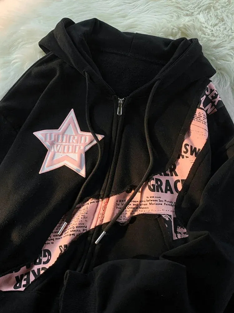 Girlary Y2K Women Men Hoodies Vintage Korean Streetwear Star Harajuku Zipper Jacket Kpop Hip Hop Sweatshirt Top Coat TShirt Clothes